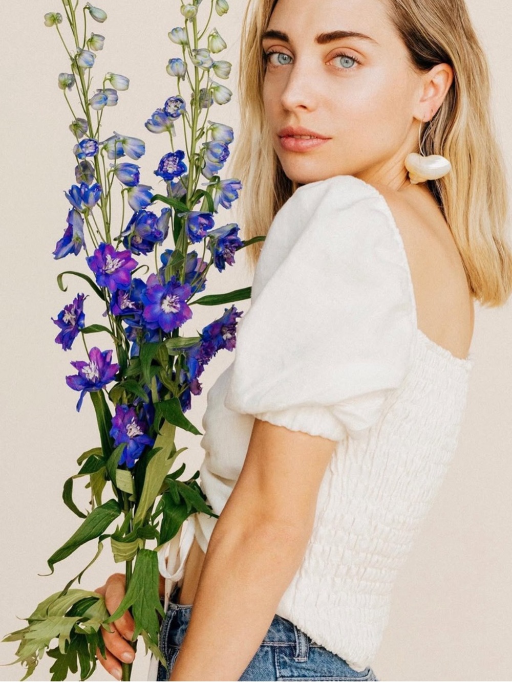 Between Ten Smocked White Puff Sleeve Crop Top with Drawstring